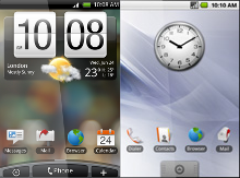 Diferença da tela principal do HTC Magic com e sem Sense. Quanta diferença, não?
